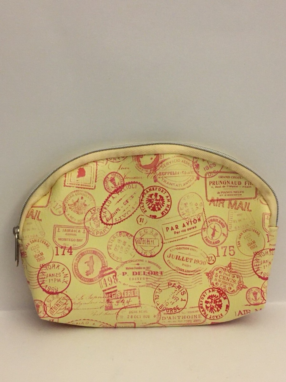 Ipsy Travel Stamp Print Makeup Bag Cosmetic Pouch Orange Zip Toiletry Case